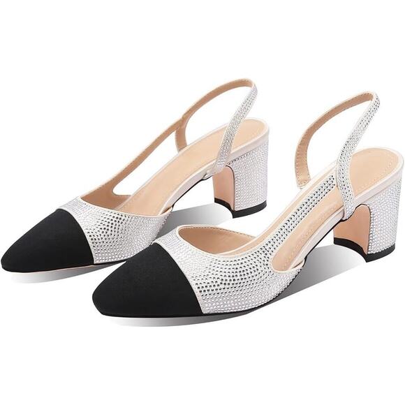 Women Slingback Pump Rhinestone Embellished Round Toe Chunky Heel Two Tone Pump - Picture 6 of 7